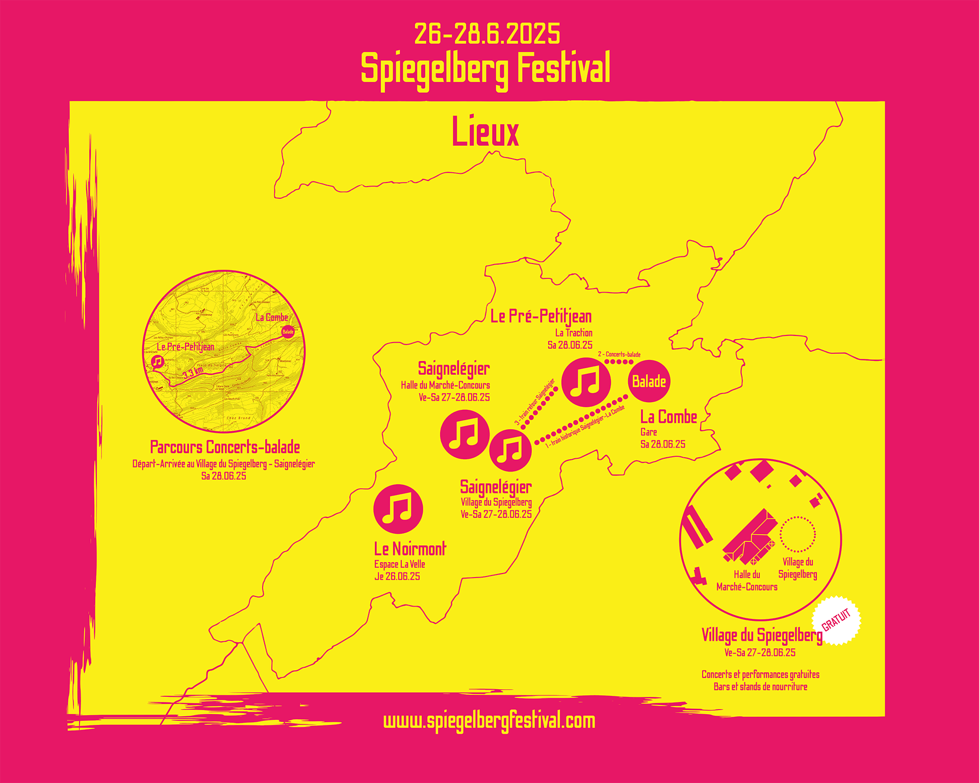 Karte der Freiberge in den Farben des 2. Spiegelberg Festivals (gelb und rosa), auf der die Orte verzeichnet sind, an denen Konzerte und andere Aktivitäten stattfinden werden.